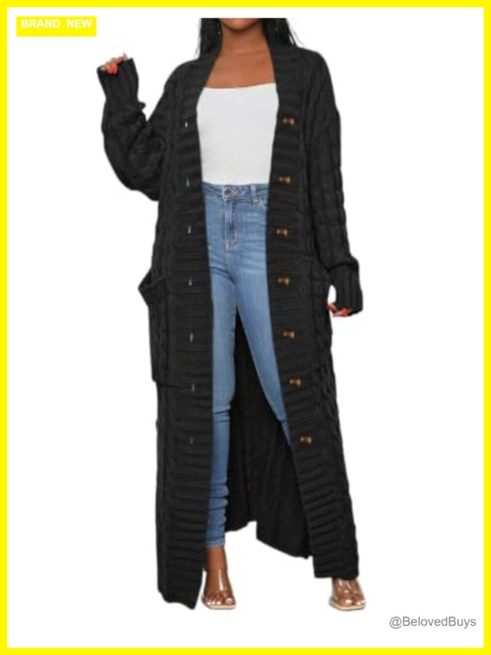 Womens Cable Knit Chunky Cardigan Extra Long Button Sweater